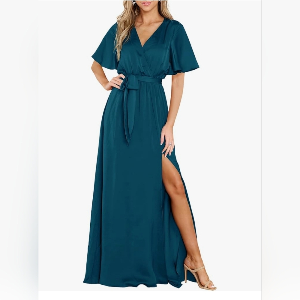 MITILLY Teal Size Large Women's Summer Satin Wrap V Neck Dress
